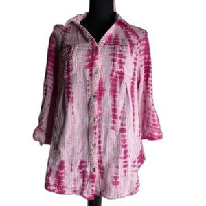 KHAKIS & CO WOMANS PXL Pink Tie Dyed button long sleeve Gauzy SHIRT
